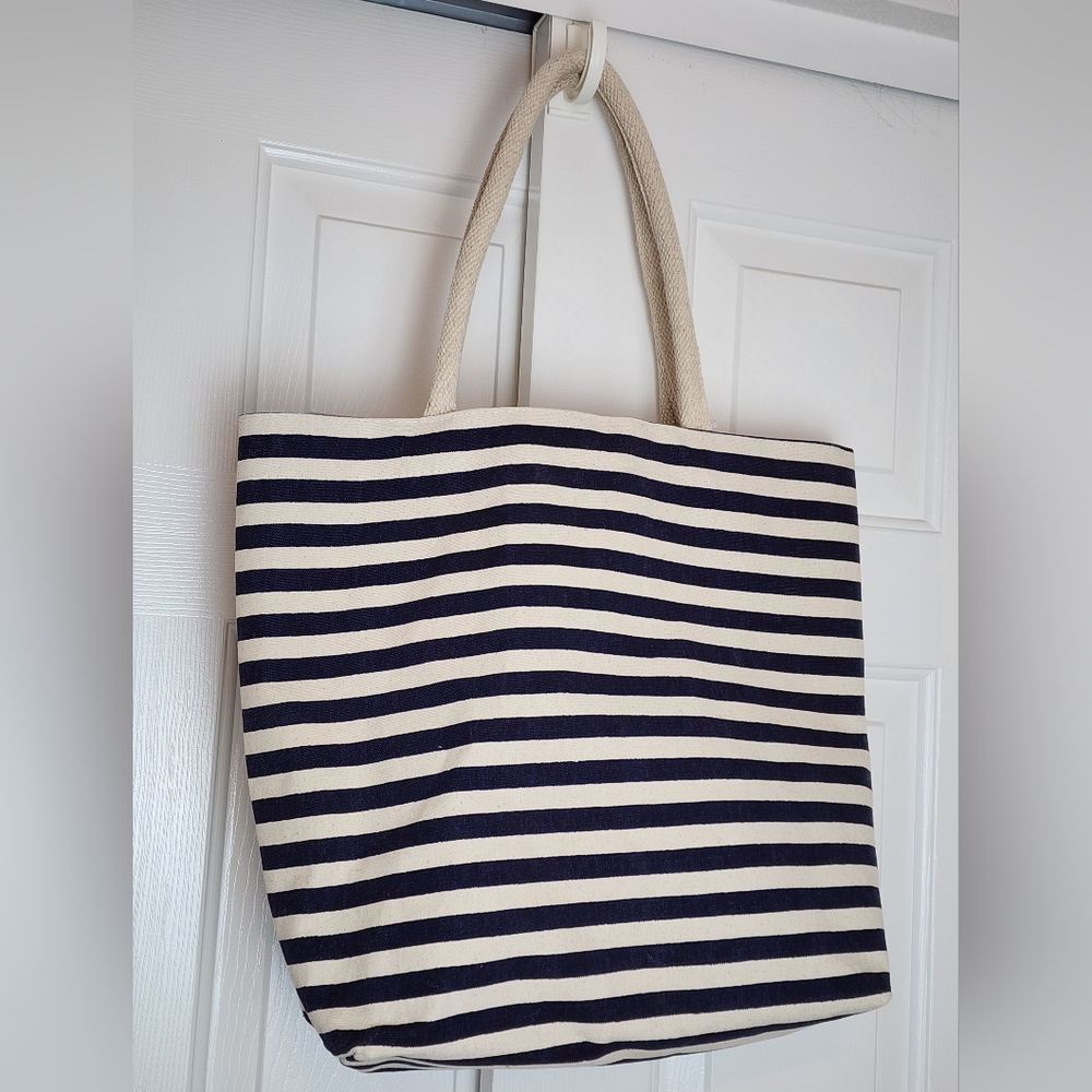 Nautical Striped Blue & Cream Double Thick Woven Handles Women's Tote Bag NWT